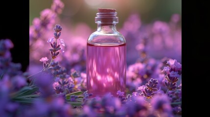 Glass bottle of lavender essential oil