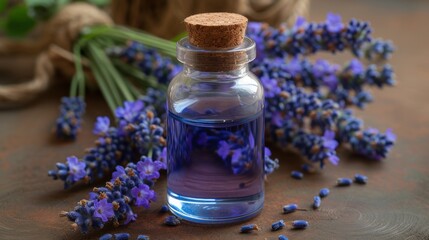 Obraz na płótnie Canvas Glass bottle of lavender essential oil