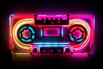 Nostalgic Music cassette neon. Music radio. Generate Ai