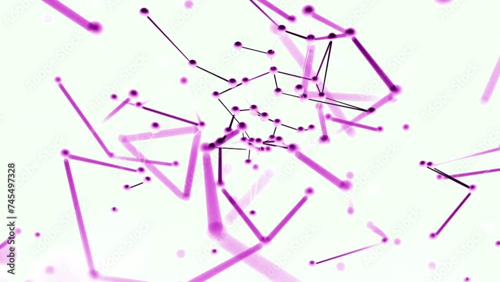 Poster colorful particles connected by lines flying flying towards camera. design. plexus dynamic backgroun