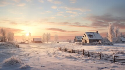 A Sunrise on a winter morning, rural northern village with snow, warm morning lights.