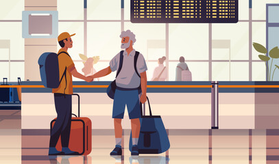 passengers with luggage shaking hands in arrival waiting room or departure lounge international airport terminal interior