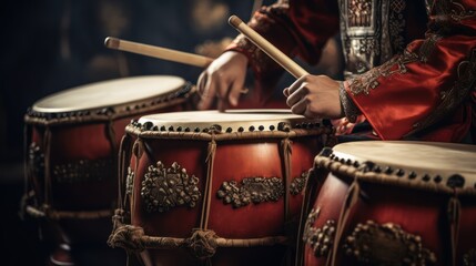 Close-up of an ancient Chinese man playing a large Chinese drum. Wear Chinese national costume A strong drummer committed to playing the big drum and the wooden drum. - obrazy, fototapety, plakaty