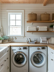 Minimalist laundry room design with vacant shelves, single washing machine. AI generative.