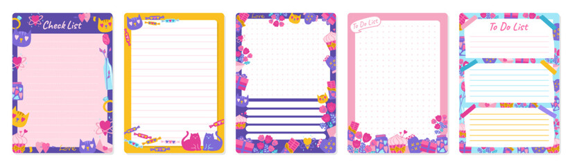 Notepaper lined or grid Notepad set with Valentines Day elements design. Weekly daily planner, note paper, to do list page kit. Stationery copybook frame with romantic drawings vector illustration
