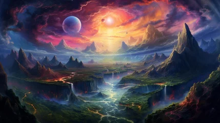 Photo sur Plexiglas Matin avec brouillard fantastical planet with swirling clouds and colorful landscapes