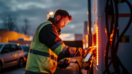 Close-up of mechanic fixing an EV charger in truck stop parking lot. AI generative.