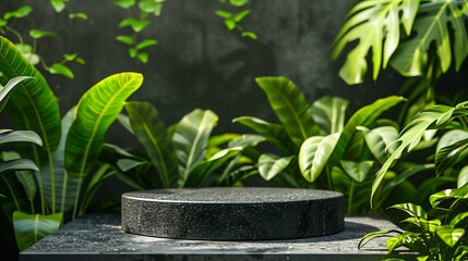 Black Stone Podium Surrounded by Lush Greenery for Product Display. Generative ai