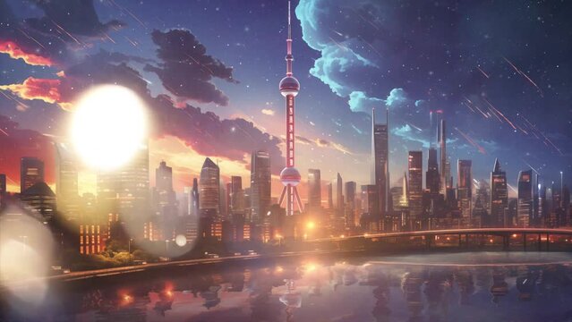 anime cartoon illustration concept for poster vibrant city lights futuristic skyline. seamless looping overlay 4k virtual video animation background