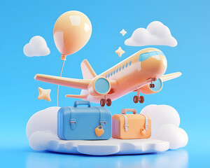 Airplane, travelling bags and othe travelling-related objects, AI-generated 3D illustration