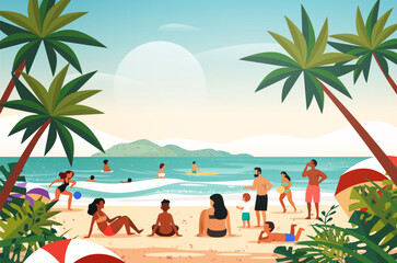 tourists group relaxing on tropical beach people enjoying summer vacation time to travel concept seascape background horizontal