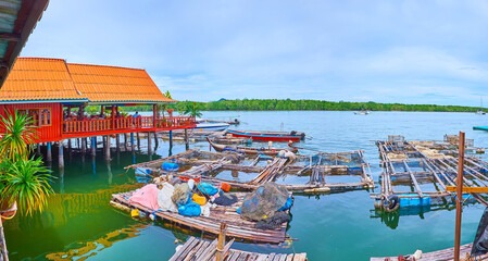Panorama of  fish farms in Ko Panyi village, Phang Nga Bay, Thailand