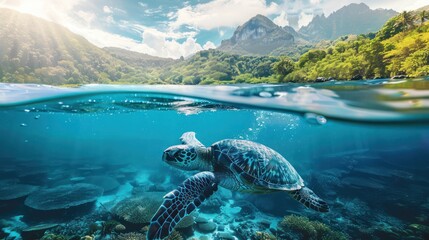 turtle swimming in the sea. Celebrating International Wildlife Day - obrazy, fototapety, plakaty