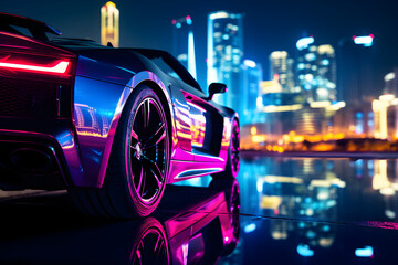 Neon Nights: Extravagant Display of Metallic Luxury Sport Car against Lustrous Urban Backdrop