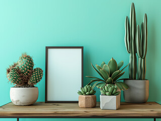 Contemporary home: mock-up photo frame on wooden table adorned with stylish cacti in chic cement pots. Mint walls create a refreshing garden oasis vibe.