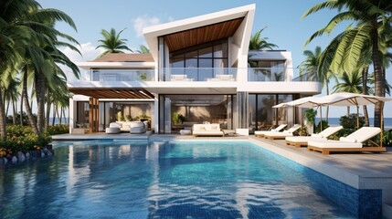 Fototapeta na wymiar Luxurious Villa Exterior With Swimming Pool
