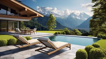 Foto op Canvas Modern house with manicured green garden shady patio. Pool with two deck chairs and a small lounge with white armchairs. View of the Swiss Alps © Wajid