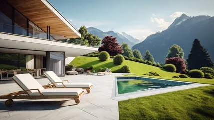 Wandaufkleber Modern house with manicured green garden shady patio. Pool with two deck chairs and a small lounge with white armchairs. View of the Swiss Alps © Wajid