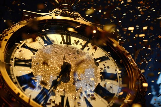Vintage Clock Face at Midnight with Glittering New Year Celebration Confetti