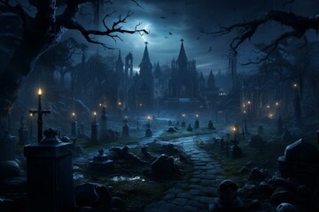 Haunting Necromancer cemetery dark background. Skull night. Generate Ai