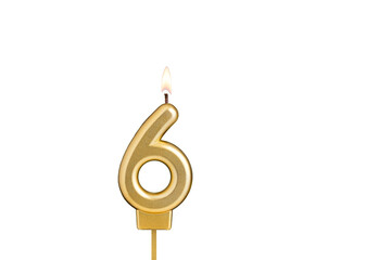 Birthday candle number 6 on white background