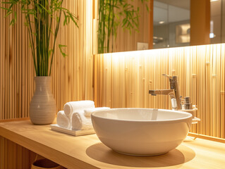 Fototapeta premium The room has a white sink table adorned with bath accessories and a vase filled with bamboo stems for decoration.