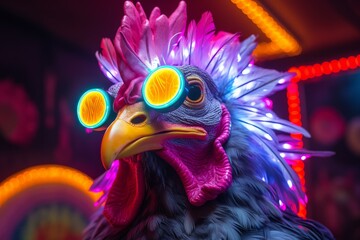 Colorful Neon chicken bird. Art blue color. Generate Ai - obrazy, fototapety, plakaty