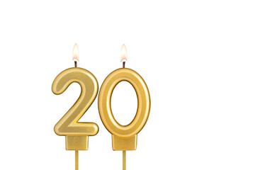 Birthday candle number 20 on white background