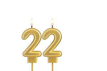 Birthday candle number 22 on white background