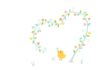 Cute chick and heart shaped arch decor plant on white background.