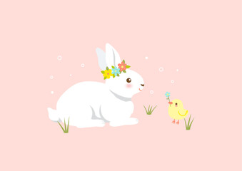 Cute rabbit wearing flower crown with cute chick on pink background.Easter holiday illustration.