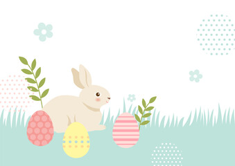 Cute rabbit and Easter eggs on abstract grass background. Easter holiday illustration.