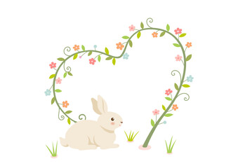 Cute rabbit and Heart shaped arch decor plant on white background.