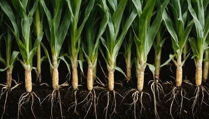 Side view of maize corn with visible roots in the ground, showcasing the plant's underground structure