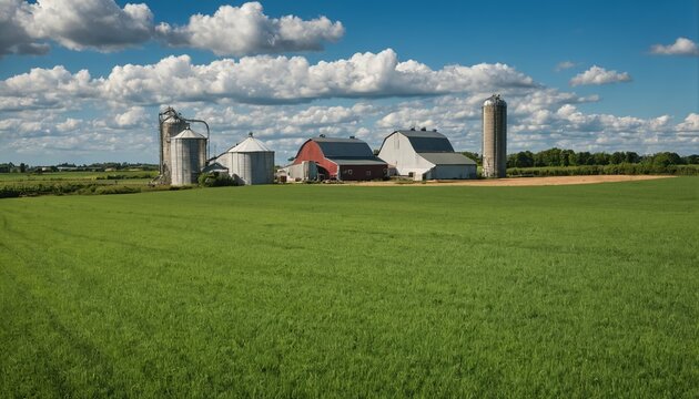 Fototapeta Agricultural farm panorama featuring a farmhouse and silo amidst green fields under a clear blue sky