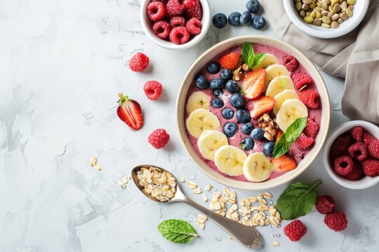 "Smoothie bowl with mixed berries, banana slices, and nuts on textured white background. Overhead view for health and wellness concept. Design for cookbook, diet blog, nutrition guide."