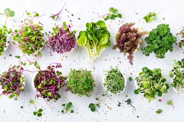 "Artistic Display of Mixed Microgreens on White Background. Overhead Shot of Healthy Salad Ingredients. Vegan and Raw Food Concept."