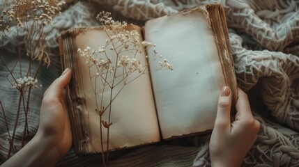 Hands holding open ancient old book with empty pages - obrazy, fototapety, plakaty