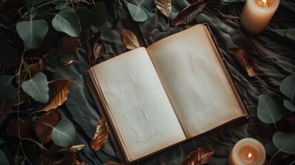 Open ancient old book with empty pages and leaves and candles. - obrazy, fototapety, plakaty