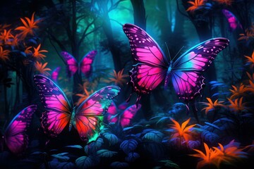 Vibrant Neon flowers forest. Violet creative. Generate Ai