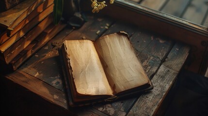 Open ancient old book with empty pages - obrazy, fototapety, plakaty