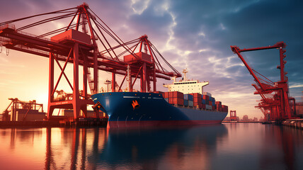 A large container ship docked at a busy industrial port with cranes during a vibrant sunset, reflecting in the water.
