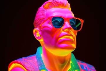 Enigmatic Ancient male bust with neon glasses. Greece sculpture with colorful illumination shades. Generate ai