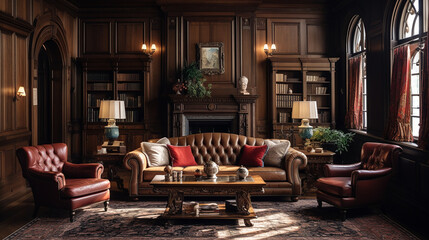 dark brown living room style in old architecture - obrazy, fototapety, plakaty