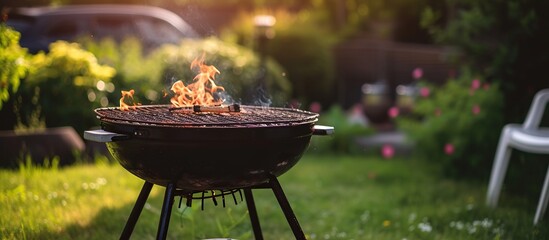Barbecue grill with fire on grass backyard background