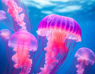Closeup of pink vibrant neon colored jellyfish in blue ocean water