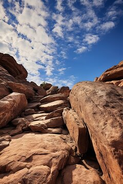 Rocky Desert Path Under Blue Sky with Clouds. 