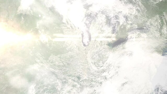 Earth zoom in from space and focus on Munster, Indiana, USA. 3D Animation. Satellite view. Background for travel intro. Images from NASA
