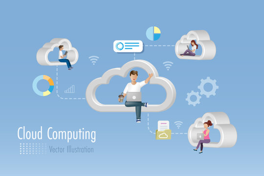 Cloud computing wireless technology. Group of people working and sharing digital folder and files data between computer and smartphone via cloud computing network. Vector. 