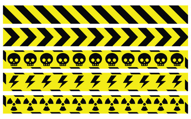 yellow line black skull electrical arrow radioactive stripe caution tapes danger warning ribbons. construction sites, banner traffic sign symbol logo design for web mobile isolated white background - obrazy, fototapety, plakaty